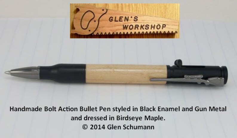 Bolt Action Bullet Pen 30 cal Parker Pen Blk Enamel Gun Metal Birdseye Maple Handmade Pen image 1
