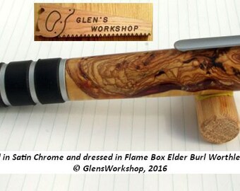 Ballpoint Click Pen Handmade Satin Chrome Flame Box Elder Burl WorthlessWood Acrylic Resin