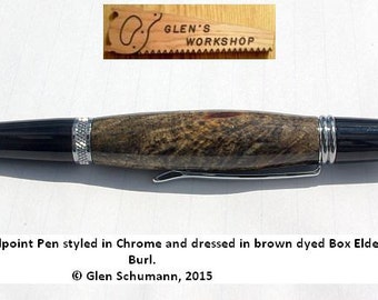 Ballpoint Pen Handmade Chrome Brown Dyed Box Elder Burl
