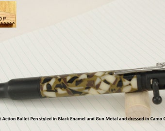 Bolt Action Bullet Pen Black Enamel Gun Metal Camo Crush Acrylic