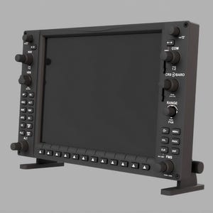 May include: A black aviation multi-function display unit featuring a large central screen surrounded by numerous physical buttons and rotary knobs. The device includes labels such as COM, CRS, BARO, RANGE, PAN, and FMS, mounted on a stable base.