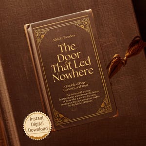 May include: A brown book titled The Door That Led Nowhere by Adria E. Wonders, featuring gold decorative corner accents and text on the cover. A circular badge in the bottom left corner displays the text Instant Digital Download in gold.