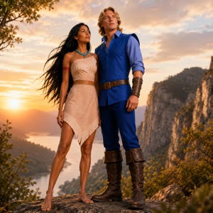 May include: A person with long dark hair wearing a beige one-shoulder dress with fringe and a turquoise necklace, standing next to a person with blonde hair wearing a blue collared shirt, blue trousers, a brown belt, and brown leather boots.