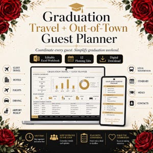 May include: A digital graduation travel and guest planner displayed on a laptop and smartphone screen. The interface features charts, tables, and checklists for guest management, travel, and itineraries, decorated with red roses and gold accents.