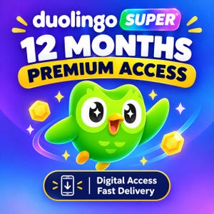 Puede incluir: Un gráfico digital para Duolingo Super 12 Months Premium Access con la mascota búho verde de ojos brillantes, gemas amarillas y un fondo degradado azul. El texto incluye Duolingo Super, 12 Months Premium Access y Digital Access Fast Delivery.