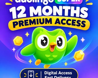 Peut inclure: Un graphique numérique montrant la mascotte hibou vert de Duolingo aux yeux étincelants, entourée de gemmes jaunes. Le texte indique : duolingo SUPER 12 MONTHS PREMIUM ACCESS, et une bannière indique : Digital Access Fast Delivery.