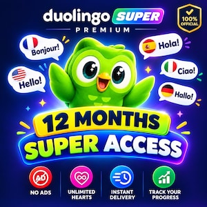 Puede incluir: Una tarjeta de suscripción digital Duolingo Super Premium con la mascota búho verde, el texto 12 MONTHS SUPER ACCESS y globos de texto con banderas internacionales y saludos. Los iconos indican sin anuncios, corazones ilimitados y seguimiento.