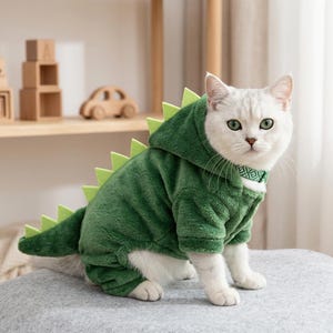 May include: A white cat wearing a plush dark green dinosaur costume with a hood and light green triangular spikes running along the back and tail. The costume features long sleeves and a soft, fuzzy texture, covering the cat's body while leaving the face exposed.