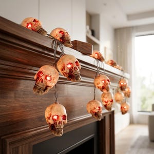 Op de afbeelding: Een decoratieve lichtsnoer met meerdere gebroken witte, realistische schedelvormige lampjes. Elke schedel heeft holle oogkassen die een felrood licht uitstralen, verbonden door een dunne donkere draad die over een houten oppervlak hangt.