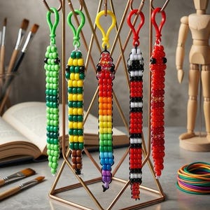May include: Five beaded snake keychains hanging from a gold-toned metal stand. The keychains feature various colour patterns including green, yellow and brown, rainbow, black and white, and solid red. Text reads: HANDMADE INDIVIDUALITY. WEAR YOUR ART.