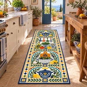 Kitchen Runner Rug, Lemon Olive Rug, Mediterranean Kitchen Runner, Folk Art Blue Pot Rug, Olive Oil Kitchen Decor, Cottage Pantry Rug