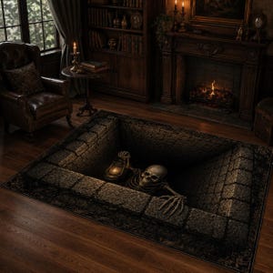 May include: A rectangular area rug featuring a 3D optical illusion of a deep, dark stone dungeon pit. A skeletal figure with a glowing lantern is depicted emerging from the depths, with stone brick edges creating a sense of depth and shadow.
