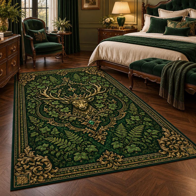 Stag Deer Area Rug, Emerald Green Gold Botanical Rug, Crown Antler ...