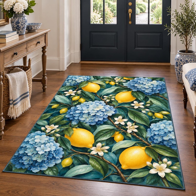 Teal Lemon Rug, Blue Hydrangea Botanical Area Rug, Citrus Floral Decor ...