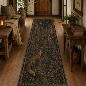 Puede incluir: Una alfombra de pasillo rectangular larga que presenta una escena de bosque oscuro con un zorro de pie en un sendero. El diseño incluye flores de dedalera moradas, helechos, setas y una luna creciente en el cielo nocturno con un borde decorativo.
