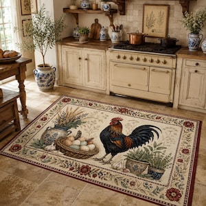 Könnte beinhalten: Ein rechteckiger Teppich mit cremefarbenem Hintergrund und einer Bordüre aus roten Blumen und grünen Blättern. Das zentrale Design zeigt einen Hahn, einen geflochtenen Korb mit Eiern, einen blau-weißen Keramikkrug und Kräutertöpfe.