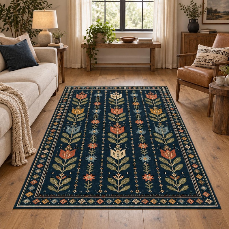 Folk Pattern Rug Navy Folk Floral Rug, Dark Botanical Area Rug, Vintage Tulip Carpet ...