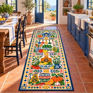 Kitchen Runner Rug, Folk Art Pumpkin Rug, Harvest Kitchen Decor, Blue Pot Floral Runner, Herb Pepper Rug, Colorful Cottage Kitchen Rug
