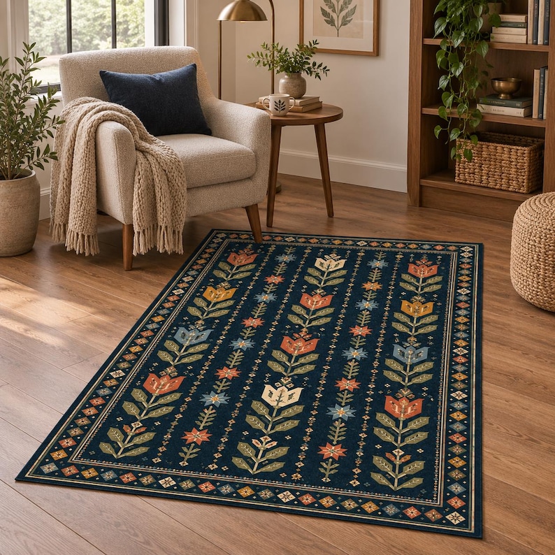 Folk Pattern Rug Navy Folk Floral Rug, Dark Botanical Area Rug, Vintage Tulip Carpet ...