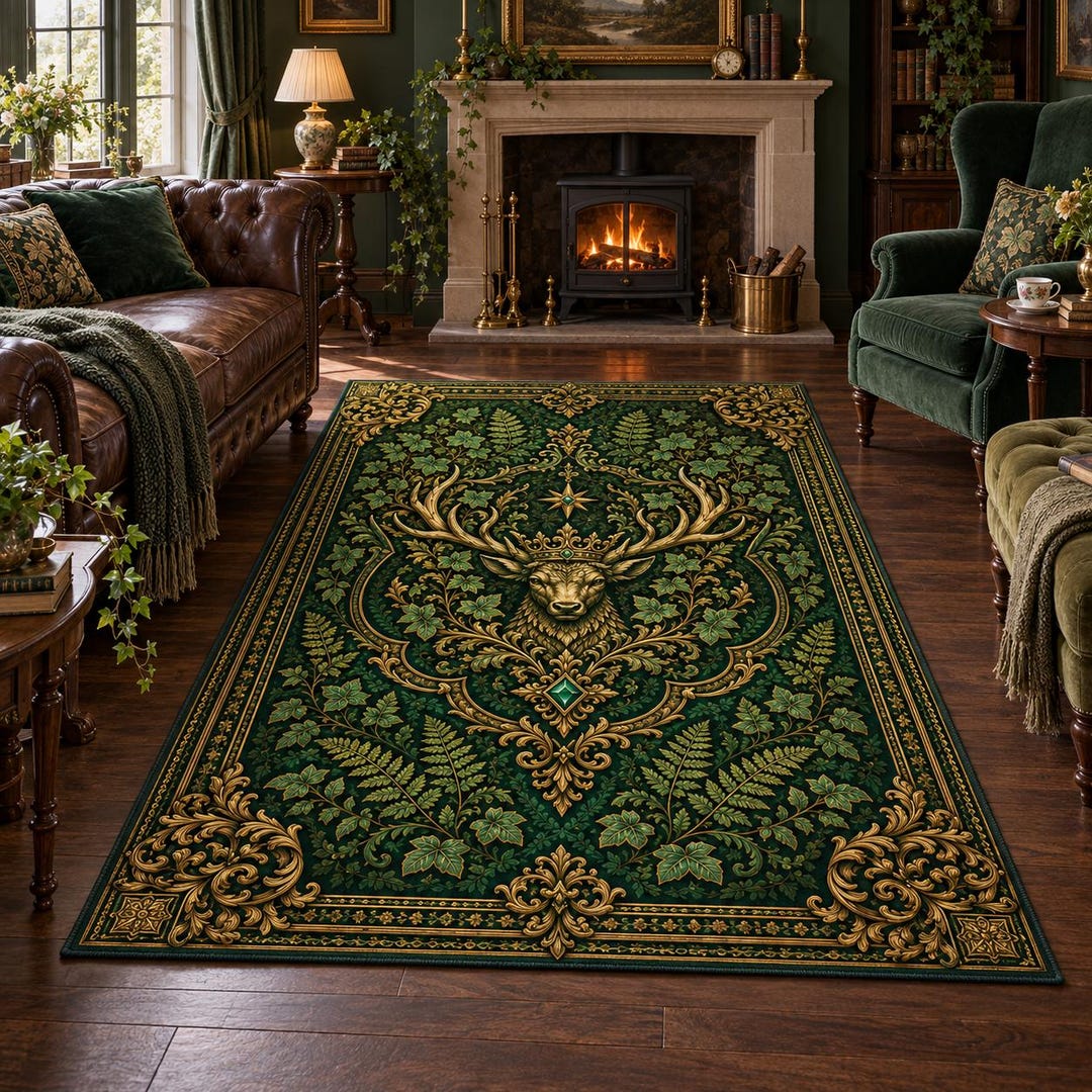 Stag Deer Area Rug, Emerald Green Gold Botanical Rug, Crown Antler ...
