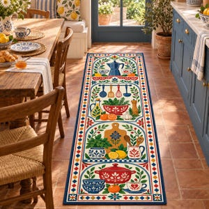 Kitchen Runner Rug, Folk Art Coffee Rug, Moka Pot Kitchen Decor, Colorful Floral Runner, Lemon Herb Pantry Rug, Cottage Kitchen Rug