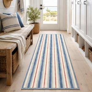 Puede incluir: Una alfombra de pasillo rectangular larga con un patrón repetitivo de rayas verticales en tonos azul, rojo y crema. La alfombra está colocada sobre un suelo de madera clara en un pasillo, extendiéndose desde el primer plano hacia una puerta.