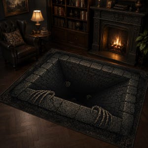 Pode incluir: Um tapete retangular com uma ilusão de ótica 3D de um poço de pedra profundo e escuro. O design inclui bordas de tijolos de pedra cinza realistas e duas mãos esqueléticas agarrando as laterais da abertura, criando um efeito de profundidade.