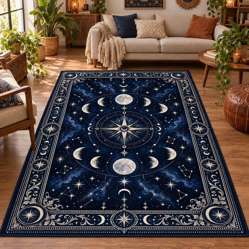 Moon Patterned Rugs Navy Moon Phase Celestial Rug, Compass Star Area Rug, Witchy Bedroom ...