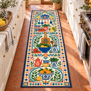 Kitchen Runner Rug, Blue Pot Citrus Rug, Folk Art Kitchen Runner, Lemon Orange Pantry Rug, Colorful Cottage Kitchen Decor, Floral Runner