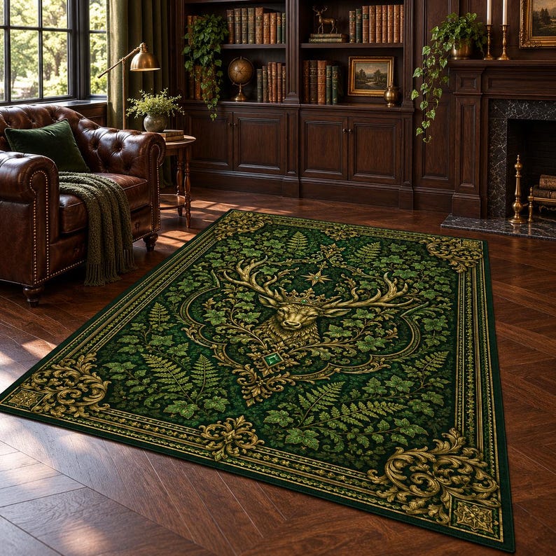 Stag Deer Area Rug, Emerald Green Gold Botanical Rug, Crown Antler ...