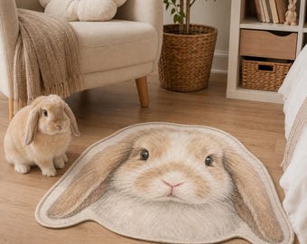 Custom Bunny Face Rug, Personalized Rabbit Portrait Rug, Lop Ear Bunny Shaped Rug, Custom Pet Gift, Rabbit Lover Decor
