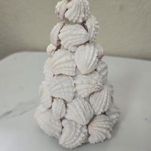 May include: A conical sculpture constructed from numerous off-white, ridged seashells layered in a stacked formation. The structure tapers to a point at the top, with each individual shell displaying a distinct fan-like shape and textured surface.