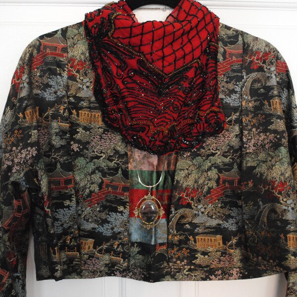 SALE Vintage Oriental Asian 1960s tapestry brocade print jacket bolero lux bohemian gypsy