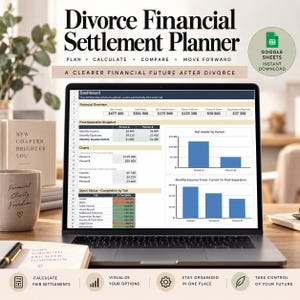 Peut inclure: Un planificateur financier de divorce numérique affiché sur un écran d'ordinateur portable, présentant un tableau de bord avec des tableaux financiers, des graphiques à barres d'actifs nets et des comparaisons de dépenses mensuelles.