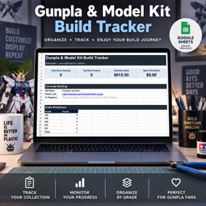 Peut inclure: Un écran d'ordinateur portable affichant une feuille de calcul Gunpla & Model Kit Build Tracker. L'interface comprend des sections pour le suivi des kits en attente, terminés, la valeur de la collection et une répartition par grade.