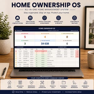 Peut inclure: Un écran d'ordinateur portable affichant le système de gestion numérique Home Ownership OS. L'interface présente un tableau de bord avec le suivi des tâches, le statut des projets et un tableau détaillé pour la maintenance et les coûts.