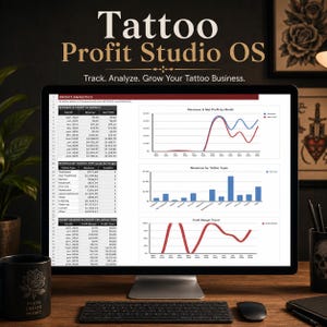 Peut inclure: Un écran d'ordinateur affichant le tableau de bord Tattoo Profit Studio OS, avec des tableaux et des graphiques linéaires et à barres pour les revenus, le bénéfice net et les marges. Le texte à l'écran indique Tattoo Profit Studio OS et Track. Analyze. Grow Your Tattoo Business.