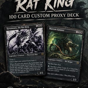 May include: A 100-card custom proxy deck titled Tribal Rat King, featuring Karumonix, the Rat King and Marrow-Gnawer cards. The black-bordered cards display detailed creature illustrations, game text, and stats. The set includes high-quality printing.