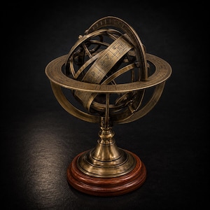 Pode incluir: Uma esfera armilar de latão em estilo antigo com múltiplos anéis entrelaçados gravados com signos do zodíaco, constelações e marcações celestiais. O instrumento esférico está montado sobre uma base circular de madeira escura.