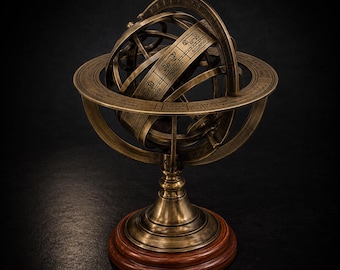 May include: An antique-style brass armillary sphere featuring multiple interlocking rings with engraved zodiac signs, constellations, and celestial markings. The spherical instrument is mounted on a circular, polished dark wood base stand.