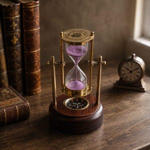 Könnte beinhalten: Eine Sanduhr aus Messing mit violettem Sand und einem in den runden Sockel aus dunklem Holz integrierten Kompass. Die obere Messingplatte ist mit dem Text "MADE FOR ROYALTY LONDON" graviert. Die Sanduhr wird von zwei vertikalen Messingsäulen gehalten.
