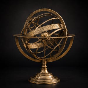 May include: A brass armillary sphere featuring a central globe and multiple rotating rings. The horizontal band is engraved with the zodiac signs Cancer and Leo, along with numerical markings. The entire structure is supported by a circular base.