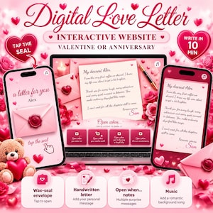 Könnte beinhalten: Eine interaktive Website für digitale Liebesbriefe auf einem Laptop und zwei Smartphones, mit rosa Umschlägen, Wachssiegeln, handschriftlichen Notizen, einem Teddybären und Rosen. Der Text lautet Digital Love Letter.