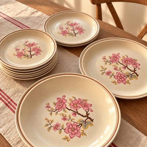 Pode incluir: Um conjunto de pratos e taças de cerâmica na cor creme com um padrão floral central de flores cor-de-rosa em ramos castanhos. Cada peça é acentuada com um rebordo castanho fino. A coleção inclui uma pilha de pratos pequenos e pratos maiores.