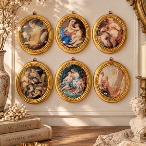 May include: A collection of six oval wall plaques featuring classical art prints in ornate gold frames. Each plaque displays a different historical painting, including depictions of figures, cherubs, and mythological scenes, arranged in two rows.