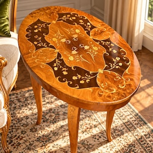 Peut inclure: Une table d'appoint ovale en bois avec des incrustations de marqueterie florale complexe. Le plateau présente un contraste entre le bois de loupe clair et des sections en bois sombre, avec des motifs floraux dorés. Elle repose sur quatre pieds incurvés.