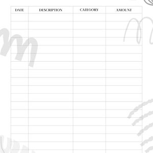 Può includere: Un foglio di tracciamento delle spese per gennaio con un layout a griglia che presenta colonne per data, descrizione, categoria e importo. Il documento include una riga per il totale in basso e motivi botanici e lineari grigio chiaro.