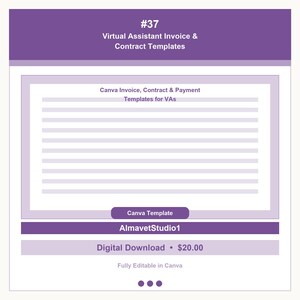Puede incluir: Un documento digital morado y blanco que presenta el texto #37 Virtual Assistant Invoice & Contract Templates, Canva Invoice, Contract & Payment Templates for VAs, Canva Template, AlmavetStudio1 y Fully Editable in Canva.