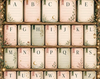 May include: A decorative A to Z Reading Challenge chart featuring a bookshelf design with twenty-six book-shaped slots labelled with letters. The illustration includes floral accents, a rose in a glass dome, tea cups, and stacks of books with text.