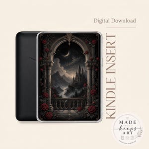 May include: A digital download Kindle insert featuring a gothic archway framing a dark landscape with a castle, mountains, and a crescent moon. The scene is decorated with deep red roses and stone pillars. The text reads Digital Download and KINDLE INSERT.